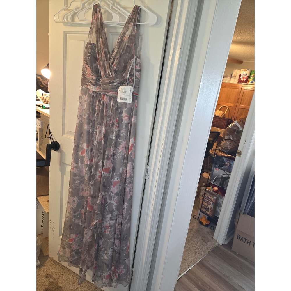 Amsale Graphite Floral Crinkle Chiffon V-Neck Gown Dress Size 4 GA117C